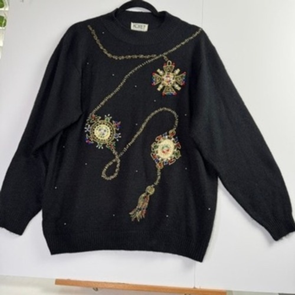 Vintage Koret Black Jeweled Medallion Holiday Sweater Gold Embroidery Beaded Lg